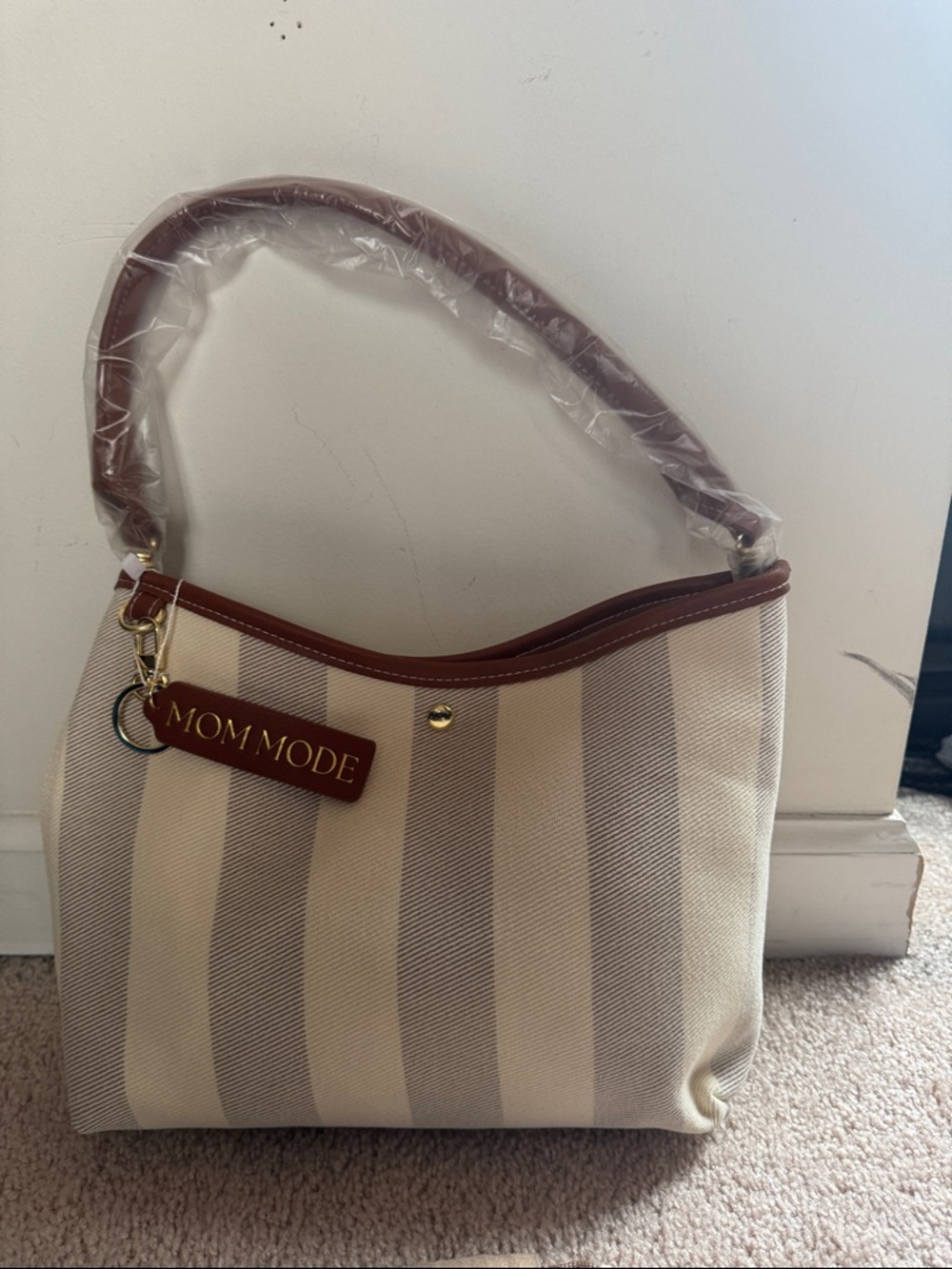 MCM Mode Striped Canvas Tote Bag in Beige and Brown with removable strap
